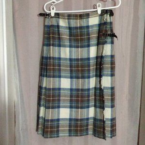 Scottish Tartan Skirt Blue Brown Plaid Buckles Leather Straps 10-12US  33" Waist
